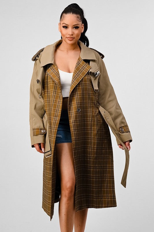 Plaid Khaki Contrast Trench Coat