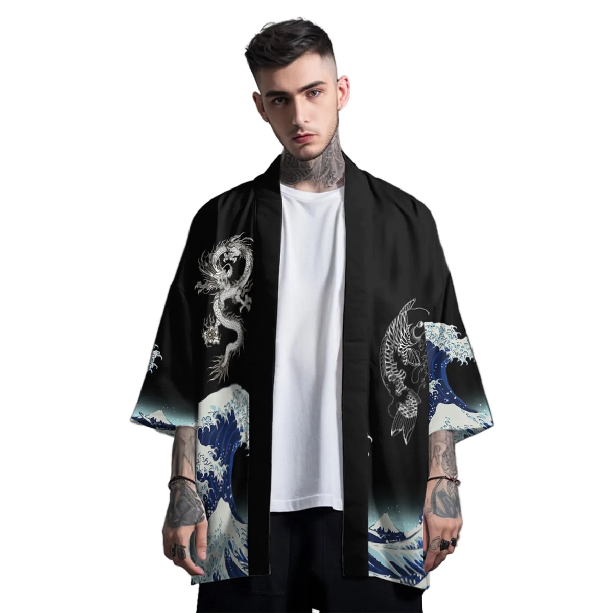 Man wearing a black kimono with dragon and wave design on a gray background