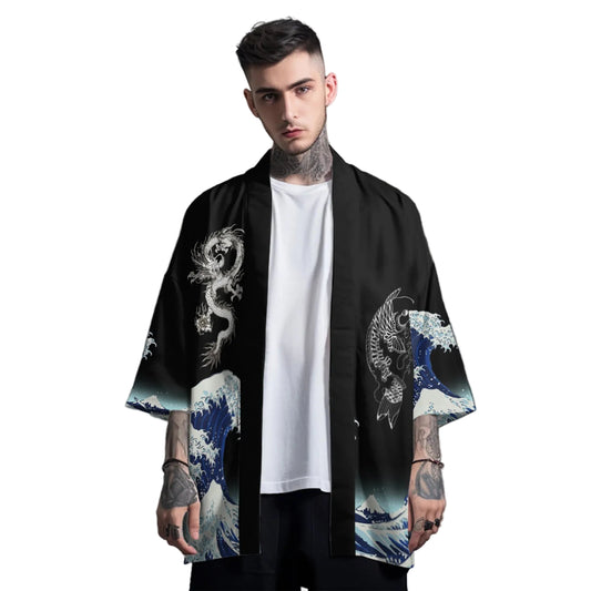 Man wearing a black kimono with dragon and wave design on a gray background