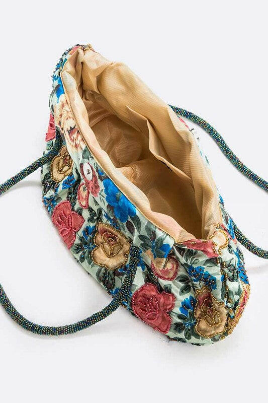 Flower Seed Beads Embellished Soft Shoulder Bag.
