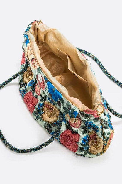 Flower Seed Beads Embellished Soft Shoulder Bag.