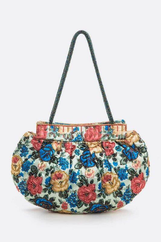 Flower Seed Beads Embellished Soft Shoulder Bag.