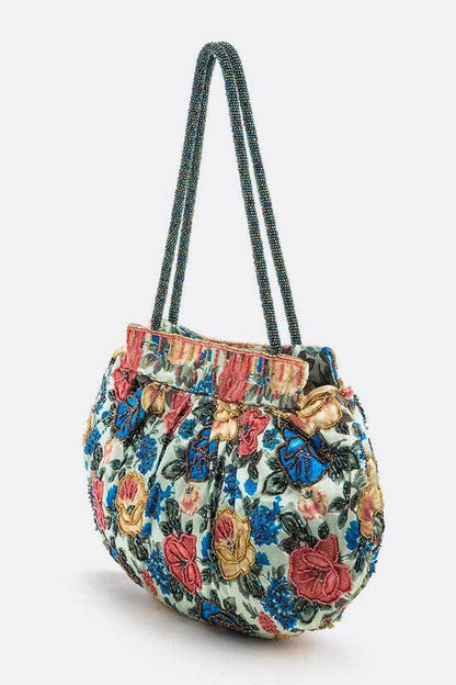 Flower Seed Beads Embellished Soft Shoulder Bag.
