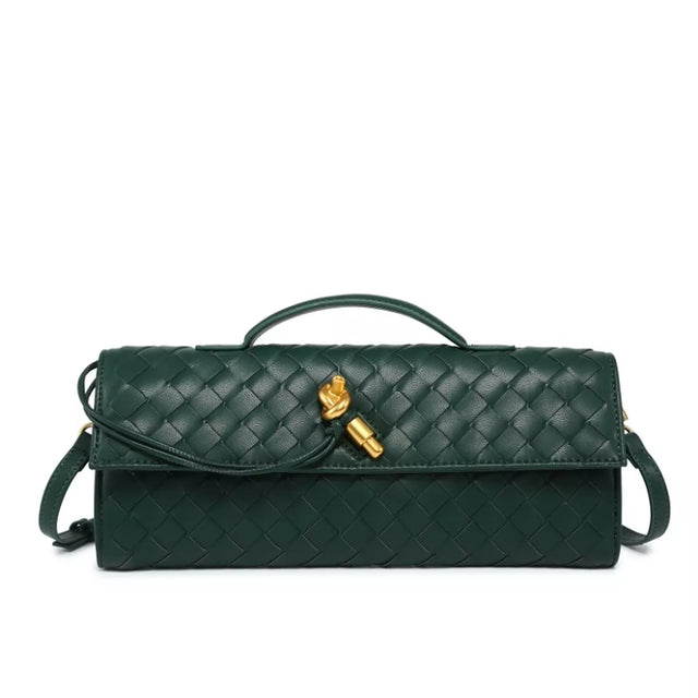A dark green woven leather clutch handbag with a top handle, a detachable shoulder strap, and a gold-tone lock closure, shown against a plain white background.