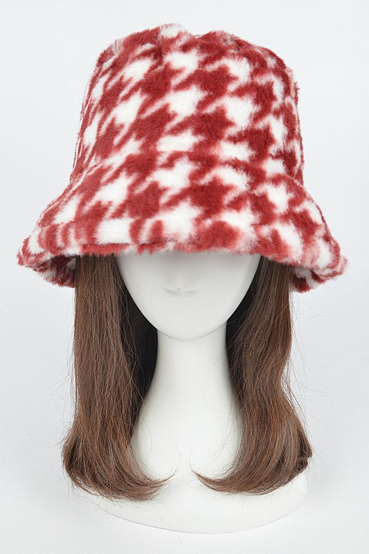 Houndstooth Print Faux Fur Bucket Hat