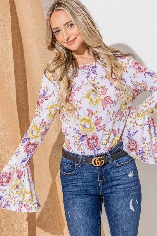 Floral Printed Bell Sleeve Casual Top.
