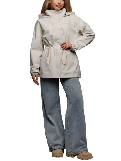 Hooded Windbreaker Jacket with Drawstring Waist