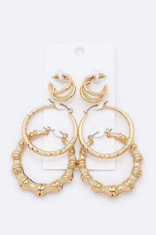 3 PC Bamboo Hoop Earrings Set