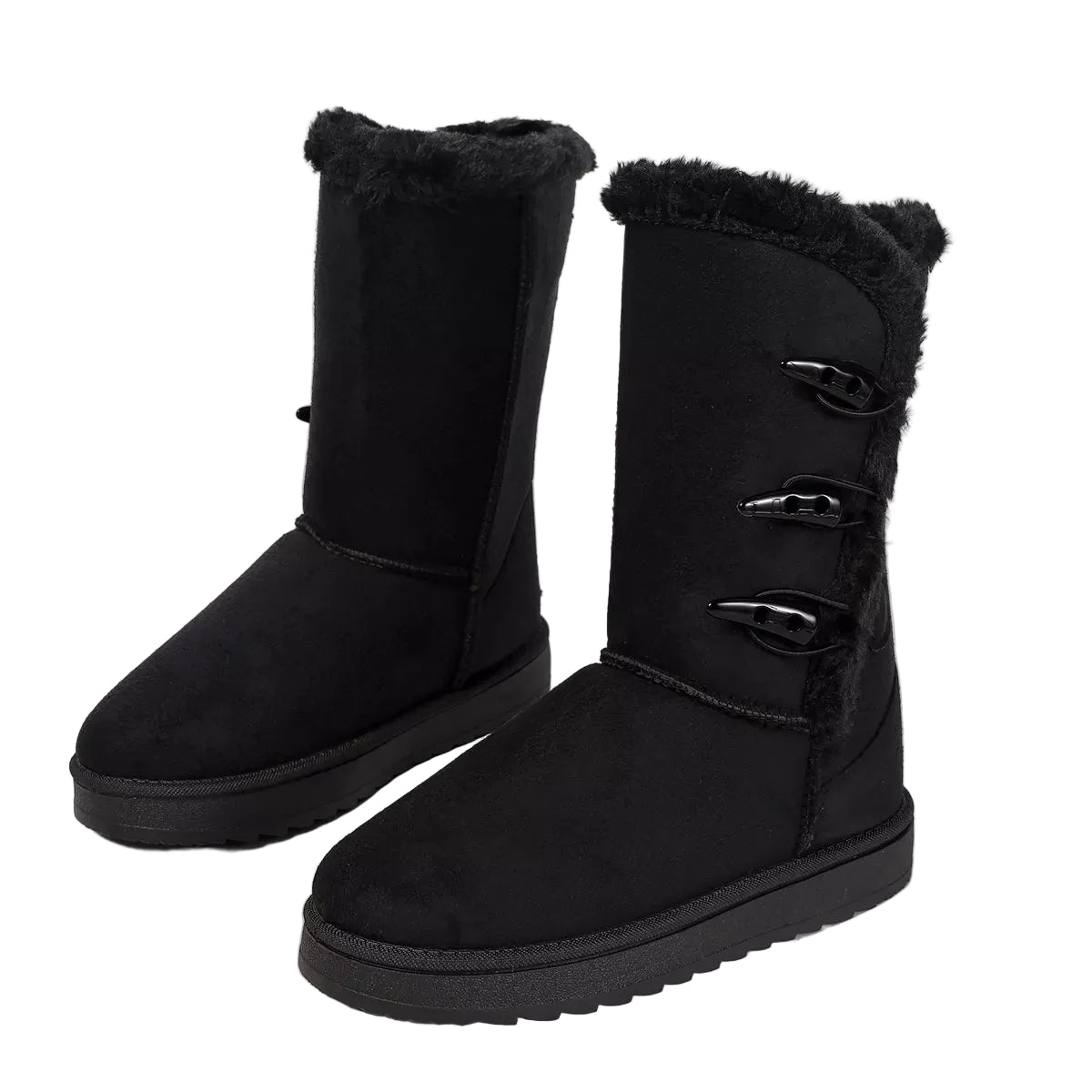 A pair of black mid-calf boots with black faux-fur trim at the top and three decorative black metal loops on the outer side, shown against a plain light gray background.