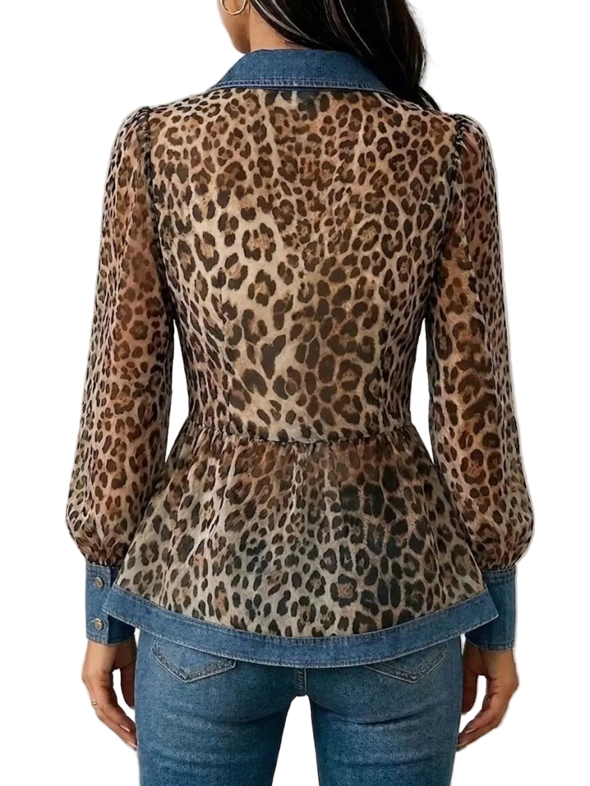 Leopard print jacket worn by a person on a gray background