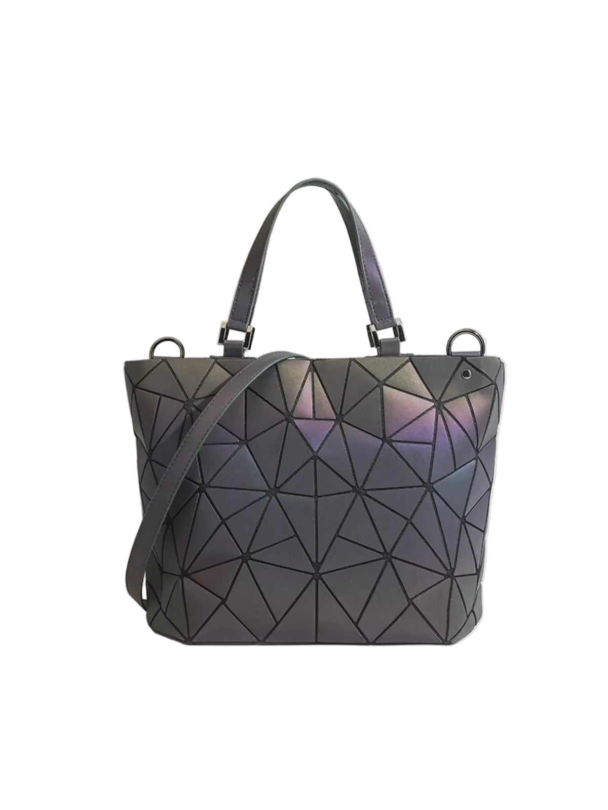 A geometric, faceted tote bag with a dark gray and black finish, featuring an iridescent purple and pink sheen under light, complete with dual top handles and a shoulder strap, set against a solid light beige background.