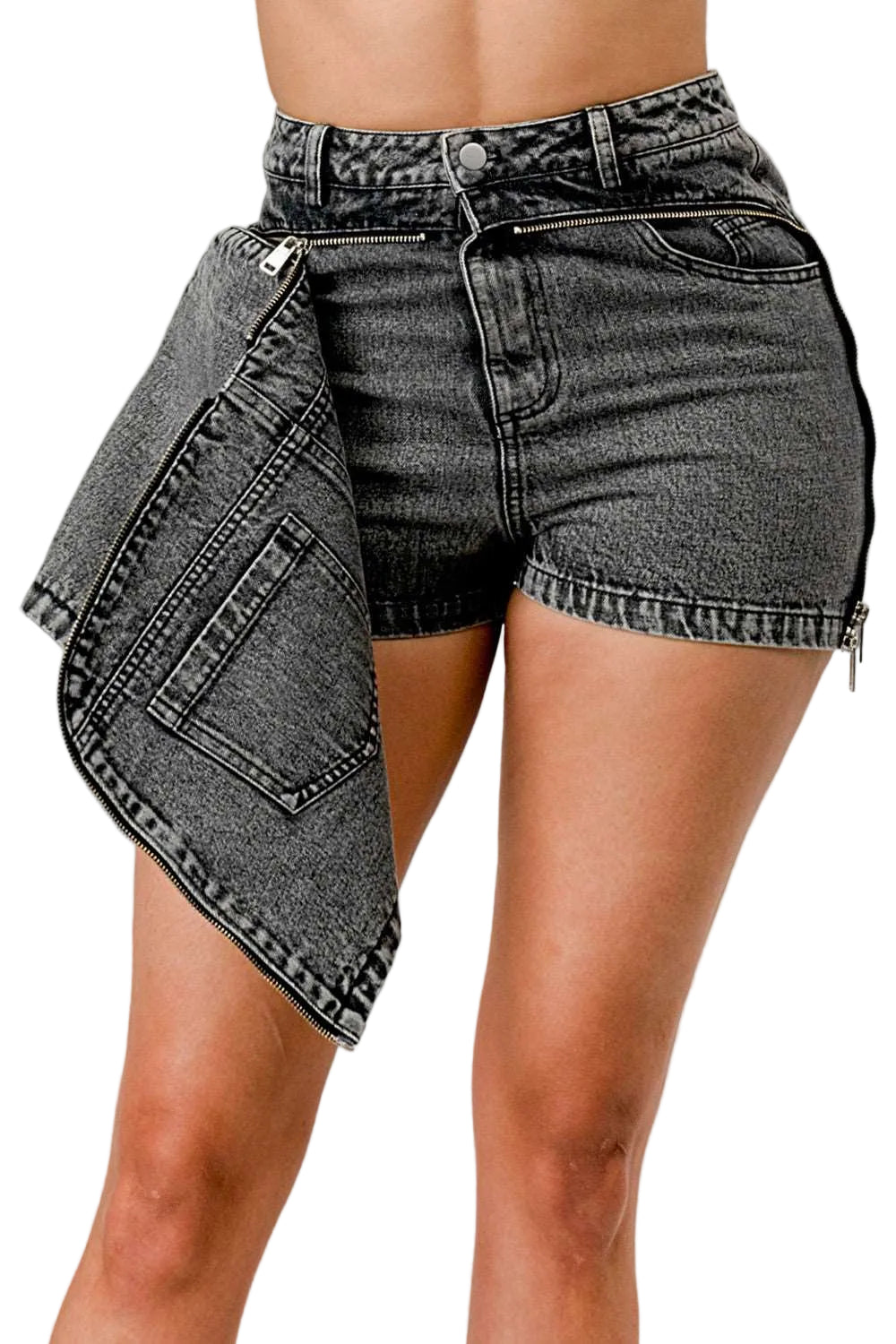 Black denim shorts with a jacket draped over the shoulder on a plain background