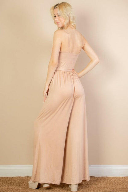 Button Front Wide Leg Jumpsuit.