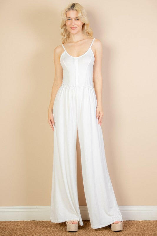 Button Front Wide Leg Jumpsuit.