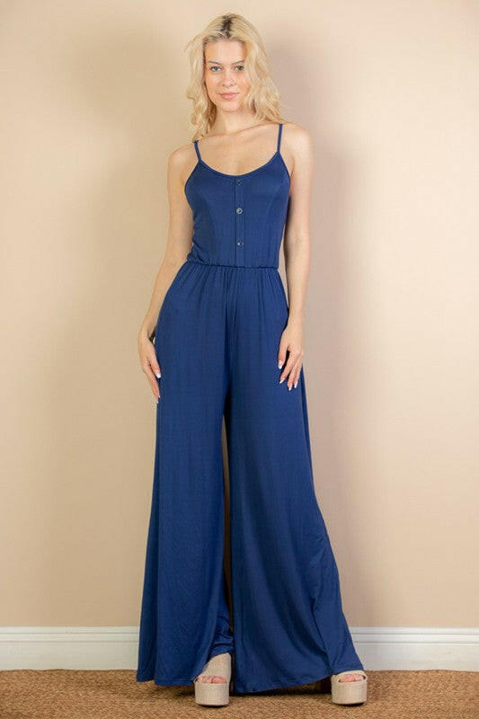 Button Front Wide Leg Jumpsuit.