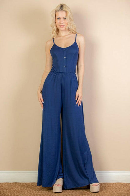Button Front Wide Leg Jumpsuit.