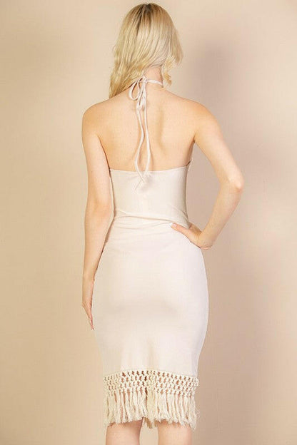 Ribbed Halter Neck Fringe Midi Dress.