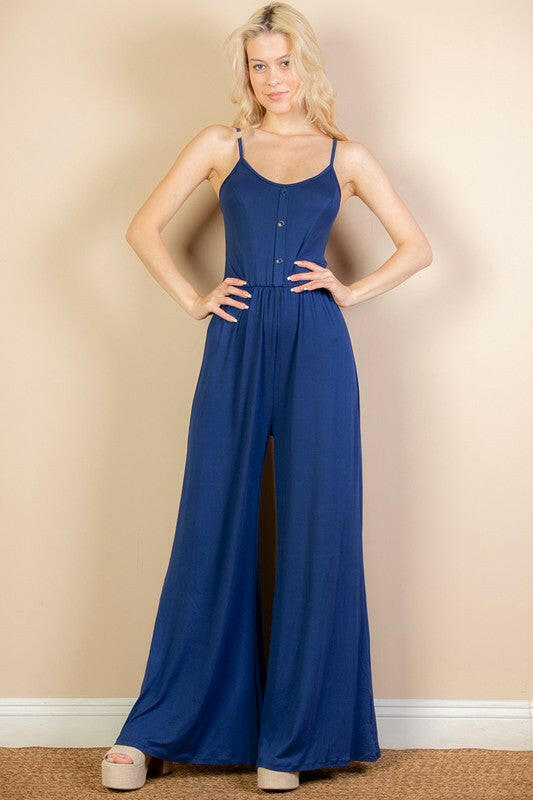 Button Front Wide Leg Jumpsuit.