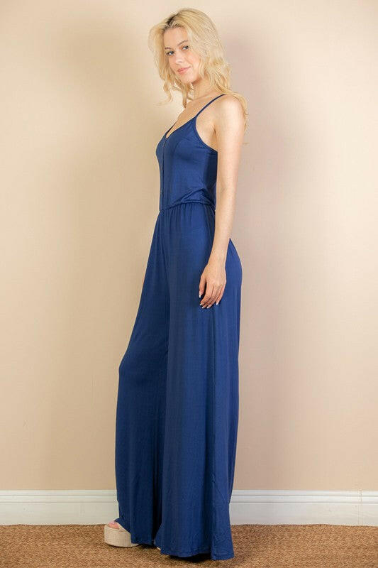 Button Front Wide Leg Jumpsuit.