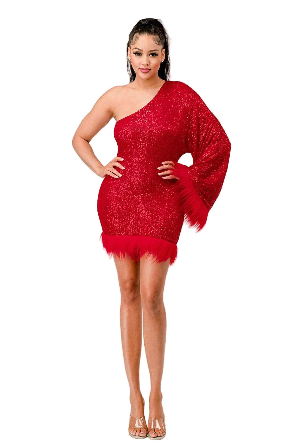 Woman wearing a red one-shoulder dress with fringes on a white background