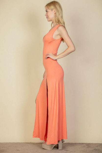 Plunge Neck Thigh Split Dress.