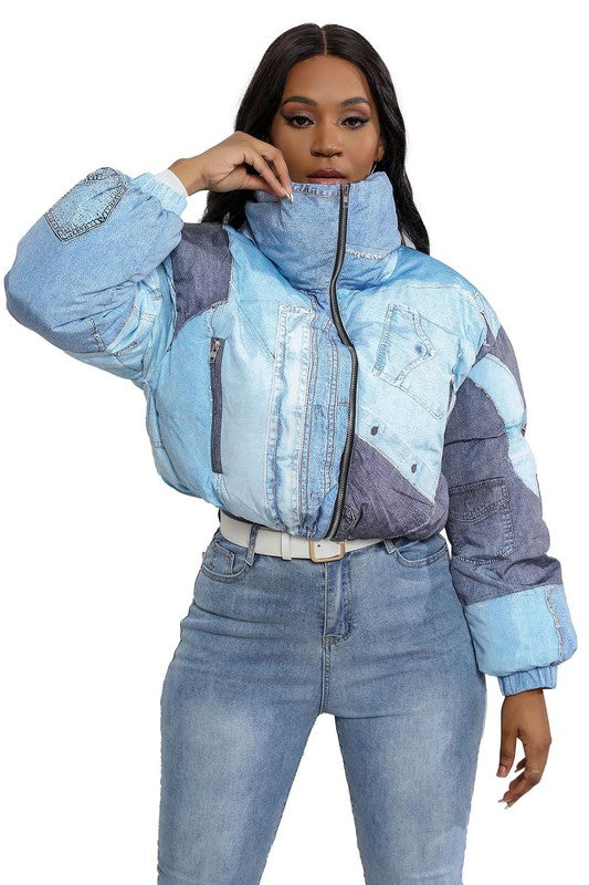 Multi Denim Detail Puffer Jacket