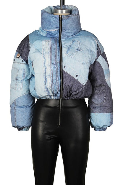 Multi Denim Detail Puffer Jacket