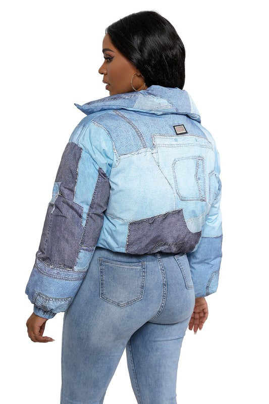 Multi Denim Detail Puffer Jacket