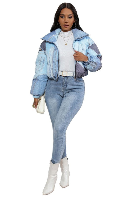 Multi Denim Detail Puffer Jacket