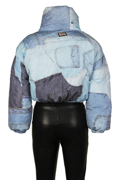 Multi Denim Detail Puffer Jacket