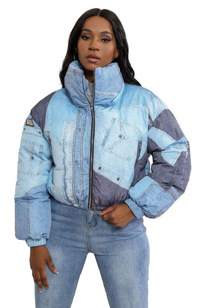 Multi Denim Detail Puffer Jacket