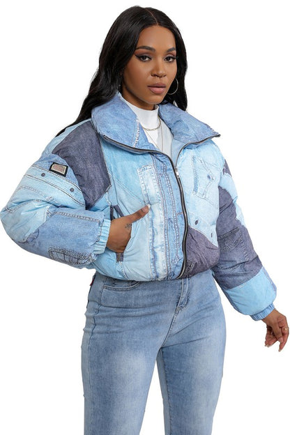 Multi Denim Detail Puffer Jacket