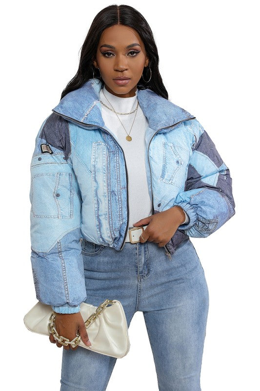 Multi Denim Detail Puffer Jacket