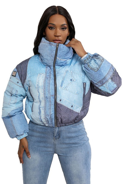 Multi Denim Detail Puffer Jacket