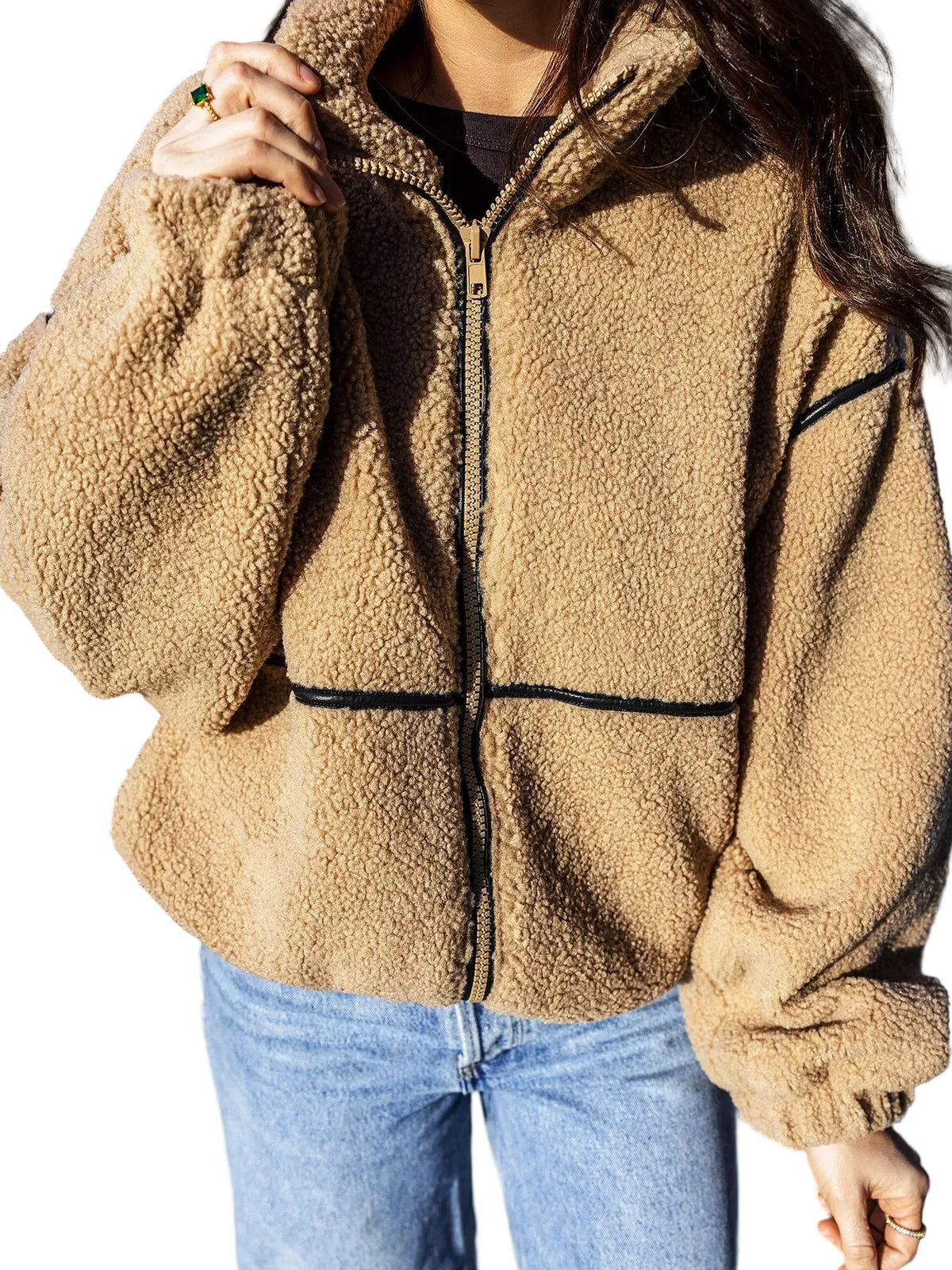 Long-sleeve fleece jacket with collar and dropped shoulders