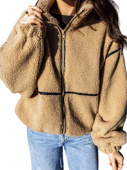 Long-sleeve fleece jacket with collar and dropped shoulders