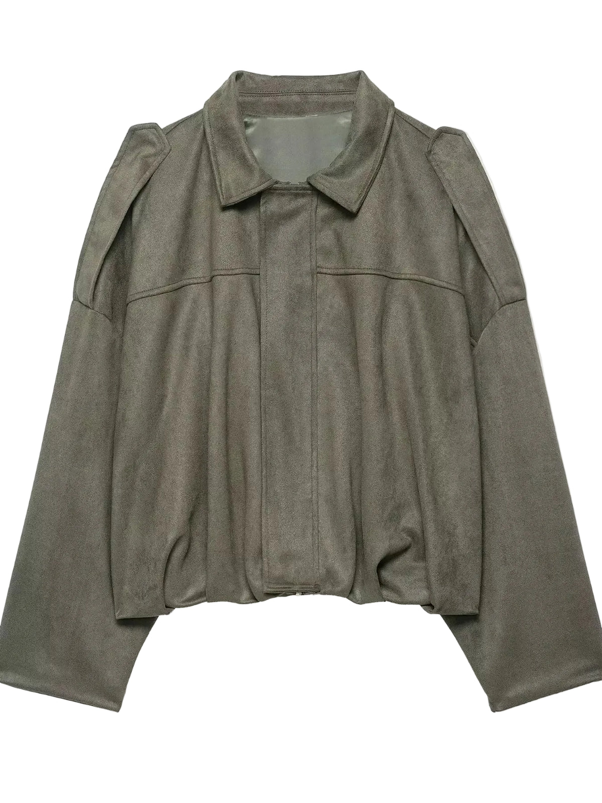 An oversized, cropped utility jacket in a muted olive green color, featuring a pointed collar, structured shoulders, and a front button closure, shown against a plain white background.