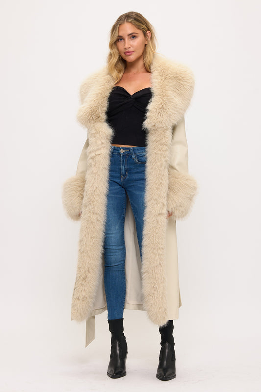 Long Faux Leather & Fur Trim Coat