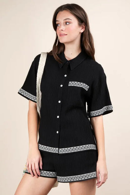 Crinkled Woven Shirt Top & Shorts Set.