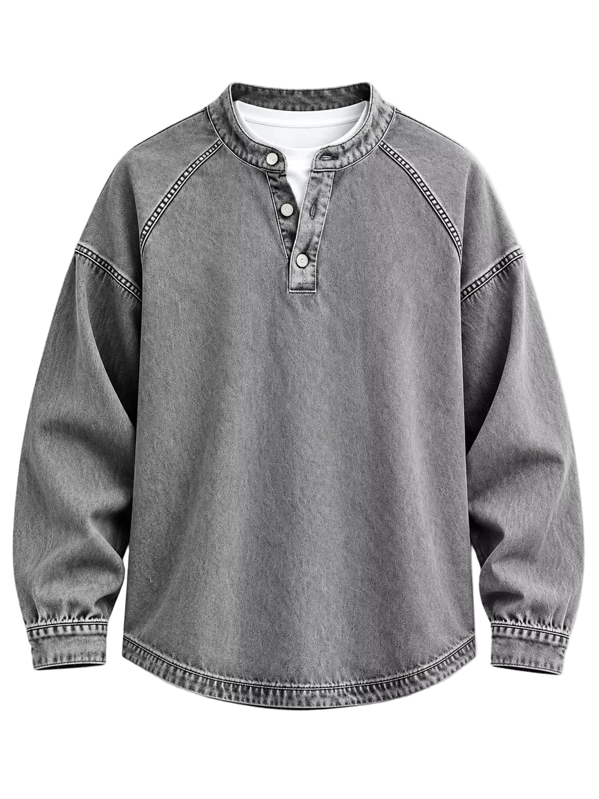 A gray washed denim long-sleeve henley shirt with contrast stitching details, shown flat against a light gray background.
