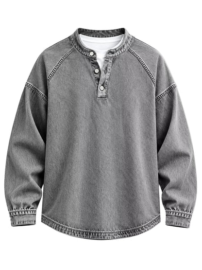 A gray washed denim long-sleeve henley shirt with contrast stitching details, shown flat against a light gray background.