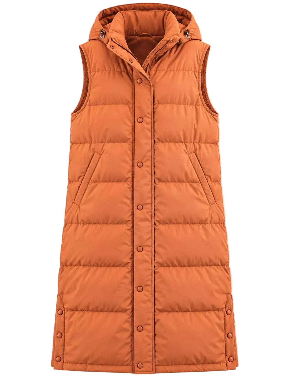 An orange hooded puffer vest with a button-up front, shown flat against a light gray background.