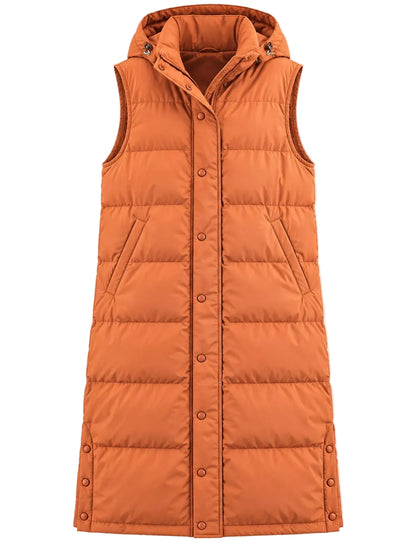 An orange hooded puffer vest with a button-up front, shown flat against a light gray background.