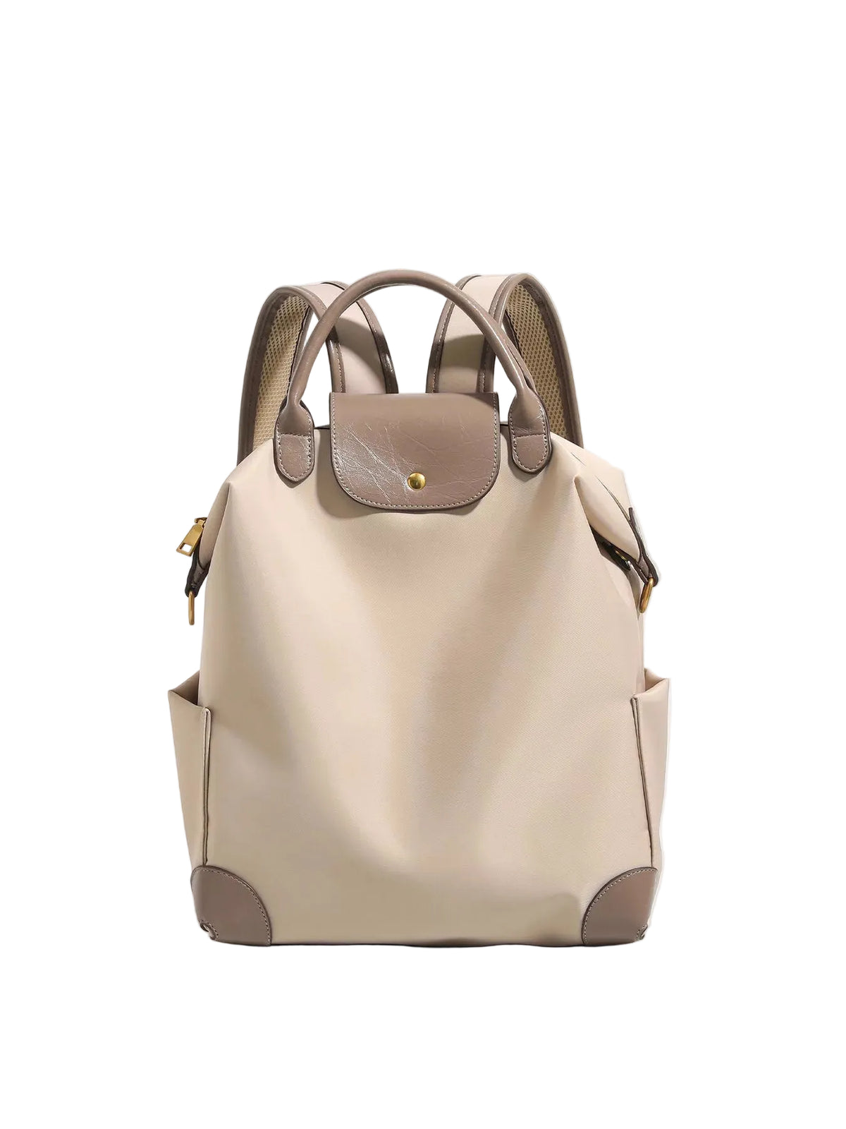 A beige leather backpack with taupe-brown accents, dual top handles, side pockets, and gold-tone hardware, photographed against a clean light gray background.