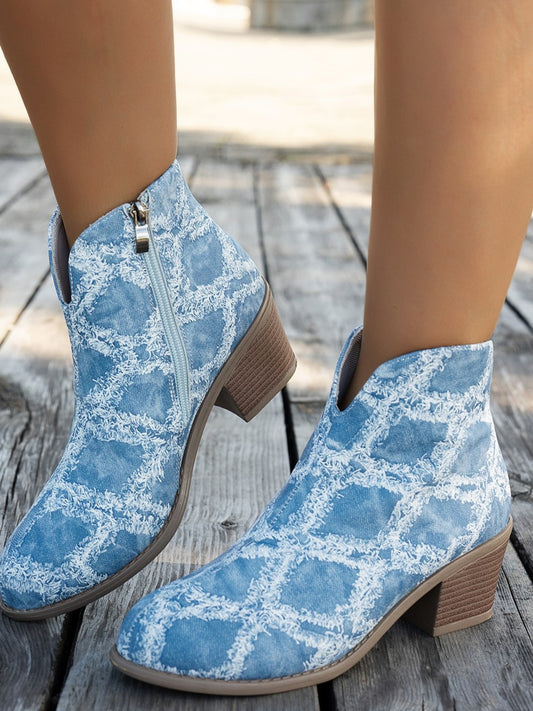 Printed Block Heel Boots with Side Zip