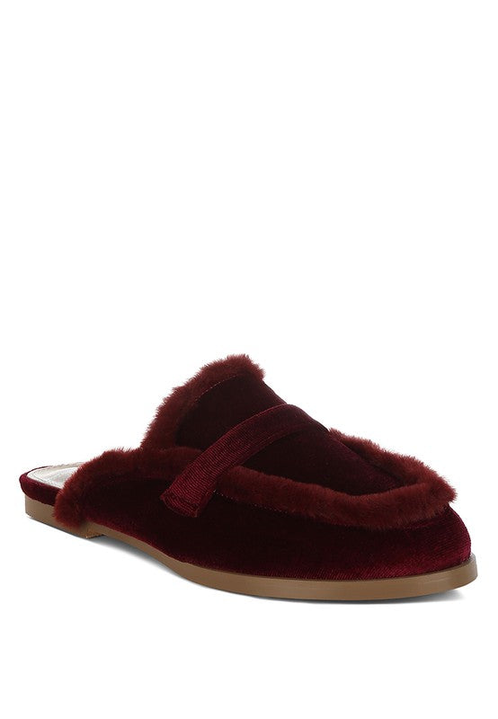 Seyhan Fur Detail Velvet Slip-On Mules