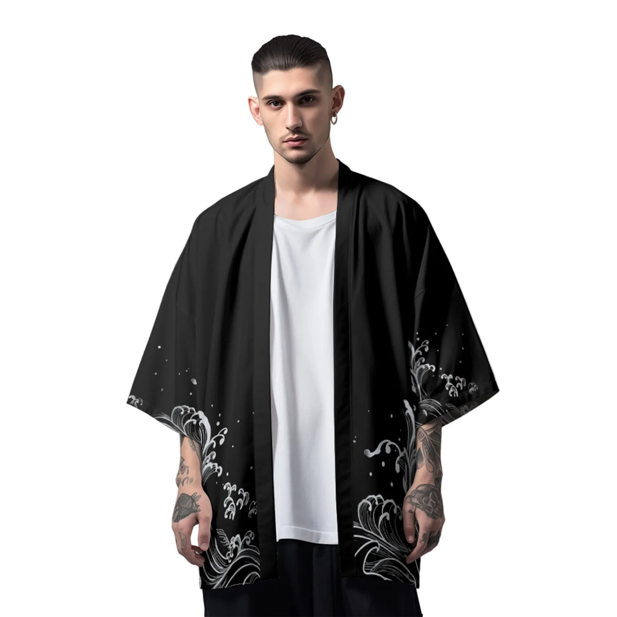 Man wearing a black kimono with white floral patterns on a gray background