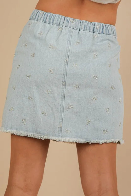 Bow Printed Casual Denim Mini Skirt.