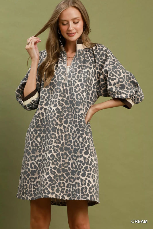 Leopard Print Quarter Zip Puff Sleeve Mini Dress