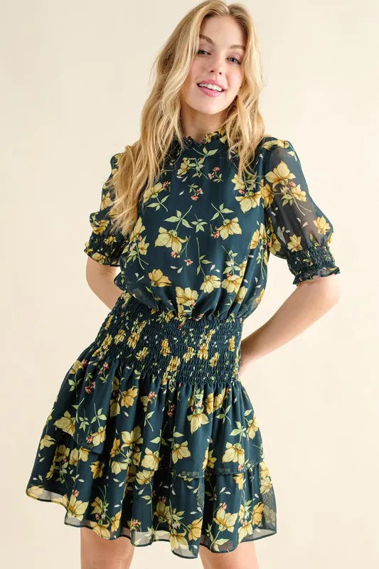 Floral Print Smocked Waist Mini Dress.